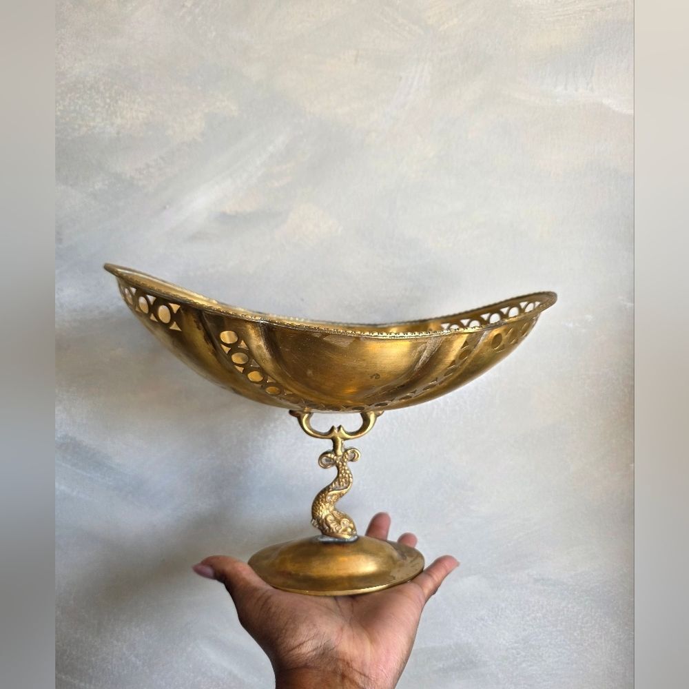 Vintage Brass Fish Pedestal Bowl 7x11.5 Koi